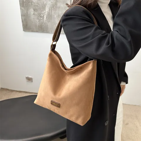 Women Suede Texture Large Capacity Tote Bag Minimalist PU Leather Shoulder Bag Retro Hobo Bag With Adjustable Strap
