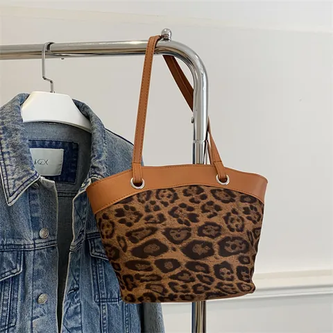 Damen Vintage Leopardenmuster Eimertasche Große Kapazität PU Leder Patchwork Schulter Tote Handtasche Für Tägliches Pendeln Büro