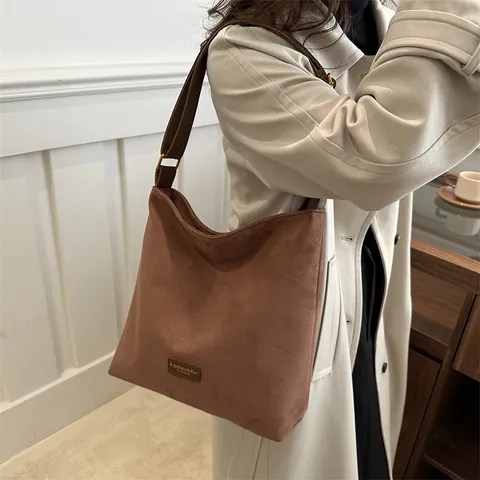 Women Suede Texture Large Capacity Tote Bag Minimalist PU Leather Shoulder Bag Retro Hobo Bag With Adjustable Strap