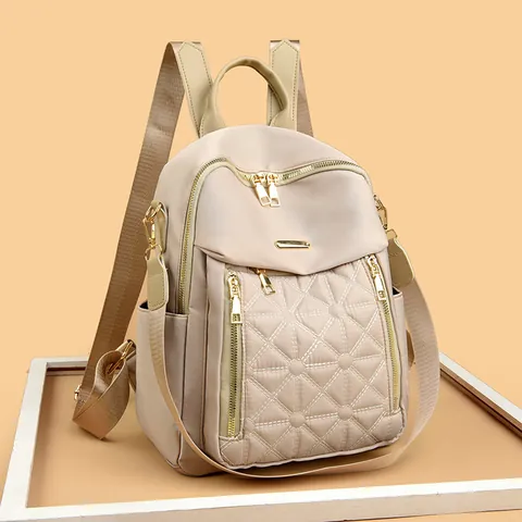 Women Fashion Backpack Nylon Quilted Rhombus Pattern Gold Hardware Lightweight Travel Bag Casual School Backpack For Daily Commute