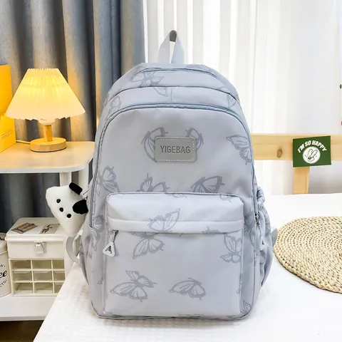 Koreaanse Stijl Vlinder Print Rugzak Voor Vrouwen Grote Capaciteit Lichtgewicht Nylon Schooltas Casual Daypack Met Pluche Hanger