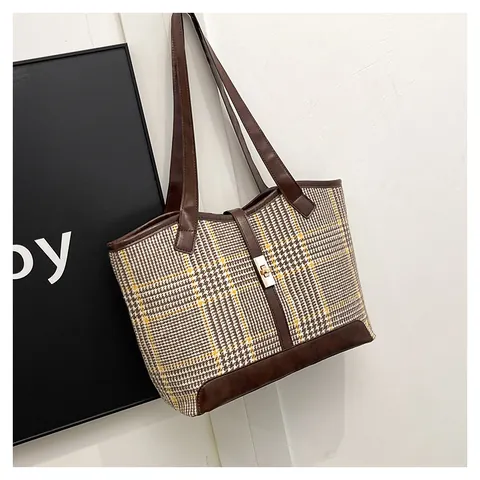 Vintage Houndstooth Plaid Tote Bag Women Large Capacity Woolen Fabric Splicing PU Leather Shoulder Bag With Metal Lock For Commuting