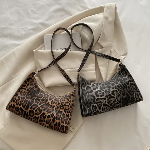 Damen Vintage Leopardenmuster Unterarmtasche Mode Kunstleder Baguette Umhängetasche Minimalistische Handtasche Reißverschluss