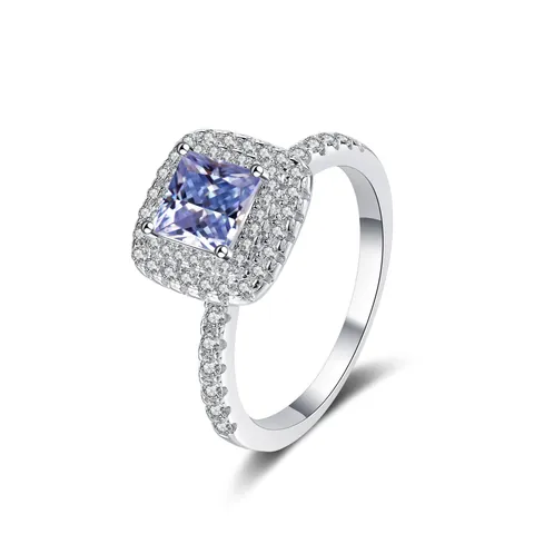 Luxury 925 Sterling Silver Princess Cut Moissanite Ring Square Halo Zirconia Pave Engagement Wedding Band Jewelry For Women