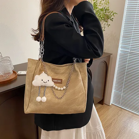 Damen Große Kapazität PU Leder Tragetasche Mode Vintage Umhängetasche Mit Kette Künstliche Perle Dekor Wolke Anhänger Pendler Schule Handtasche