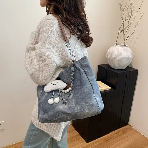 Damen Große Kapazität PU Leder Tragetasche Mode Vintage Umhängetasche Mit Kette Künstliche Perle Dekor Wolke Anhänger Pendler Schule Handtasche