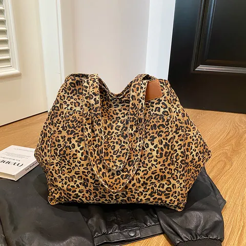 Damen Retro Leopardenmuster Canvas Tote Bag Große Kapazität Pendeln Schultertasche Mit Nieten Street Fashion Casual Handtasche