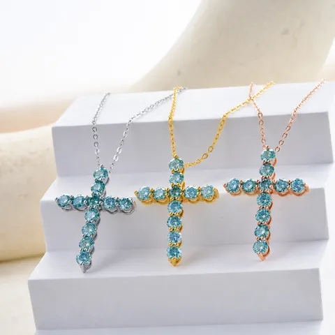 925 Sterling Silver Moissanite Cross Pendant Necklace Round Cut Colorful Gemstone Jewelry For Women Wedding Party Gift