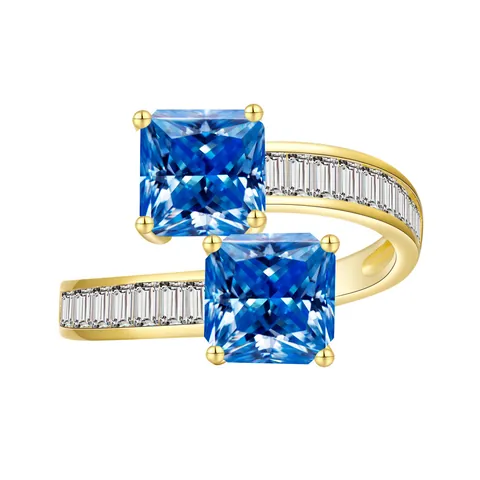 Bague Luxueuse en Argent Sterling 925 Moissanite Taille Asscher Toi et Moi Bypass Double Pierre Carrée Bague de Fiançailles pour Femme