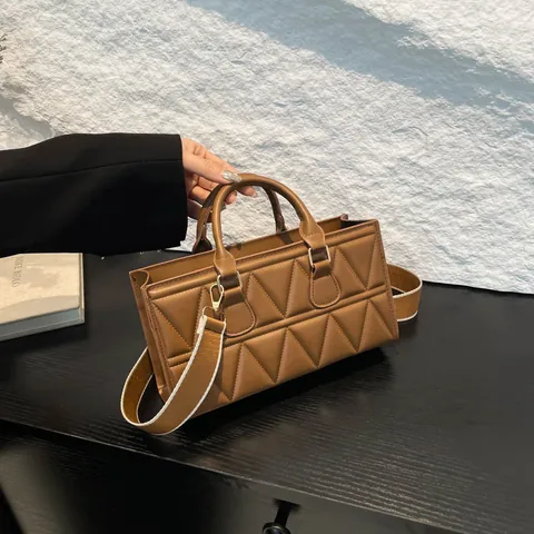Women's Fashion Triangular Quilted Handbag PU Leather Crossbody Bag With Wide Strap Gold Hardware Small Satchel Shoulder Bag