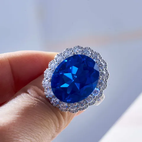 Vintage Luxury Oval Cut Synthetic Royal Blue Sapphire Ring 925 Sterling Silver Halo Zirconia Wedding Engagement Finger Ring For Women