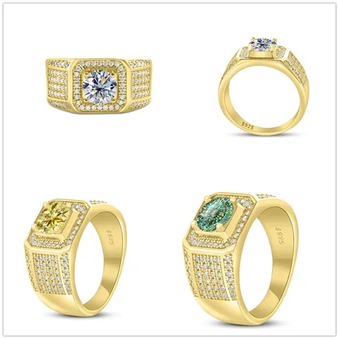 Luxury 925 Sterling Silver Moissanite Ring Gold Plated Oval Gemstone Pave Zirconia Hip Hop Men Jewelry Finger Ring