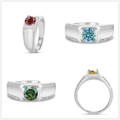 Anillo de Moissanita para Hombre de Plata de Ley 925 1.0 Quilates Corte Redondo Chapado en Platino Ajustable Joyería de Lujo