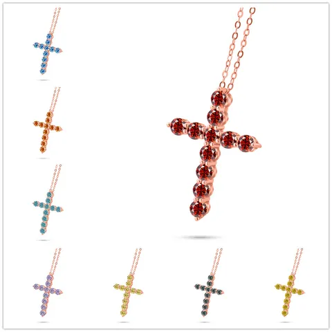 925 Sterling Silver Moissanite Cross Pendant Necklace For Women Round Cut Sparkling Colorful Gemstone Luxury Fashion Clavicle Chain Jewelry Gift