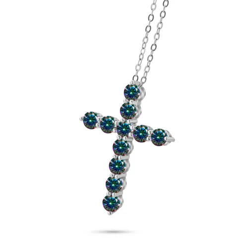 S925 Sterling Silver Moissanite Cross Pendant Necklace For Women Round Cut Blue White Pink Gemstone Clavicle Chain Jewelry Gift