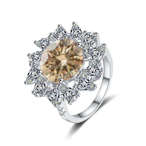 Luxury 5 Carat D Color Moissanite Sunflower Ring 925 Sterling Silver White Gold Plated Pear Cut Halo Engagement Ring For Women