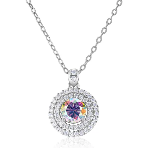 Luxury 925 Sterling Silver Moissanite Pendant Necklace Round Cut Double Halo Zirconia Inlaid Wedding Jewelry For Women