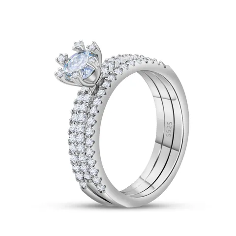 Set di Anelli in Argento Sterling 925 con Moissanite per Donna Lussuoso Taglio Tondo Impilabile 3-in-1 Gioiello per Fidanzamento Matrimonio