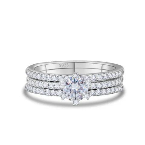 Set di Anelli in Argento Sterling 925 con Moissanite per Donna Lussuoso Taglio Tondo Impilabile 3-in-1 Gioiello per Fidanzamento Matrimonio
