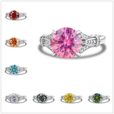 Luxury 925 Sterling Silver Moissanite Ring For Women Vintage Hollow Round Cut Colorful Gemstone Engagement Wedding Band Jewelry