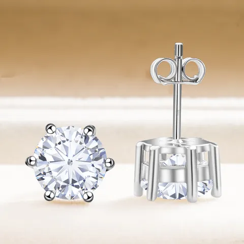Classic Round Moissanite Stud Earrings With 925 Sterling Silver Earring Post Simple Elegant Six-Prong Jewelry For Women Gift