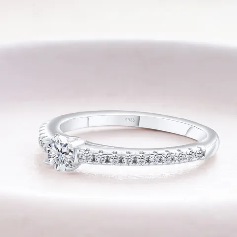 Classic 925 Sterling Silver Moissanite Ring For Women Round Cut Four Prong Engagement Wedding Band With Pave Rhinestones