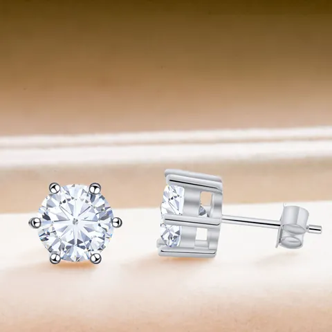 Classic Round Moissanite Stud Earrings With 925 Sterling Silver Earring Post Simple Elegant Six-Prong Jewelry For Women Gift