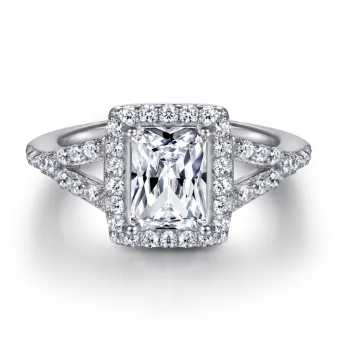 Women 925 Sterling Silver Ring Luxury Emerald Cut Moissanite Halo Engagement Ring Split Shank Zirconia Inlaid Wedding Jewelry Gift