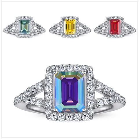 Women 925 Sterling Silver Ring Luxury Emerald Cut Moissanite Halo Engagement Ring Split Shank Zirconia Inlaid Wedding Jewelry Gift