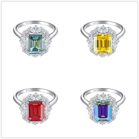 Luxury Emerald Cut Moissanite Ring 925 Sterling Silver For Women Vintage Cluster Halo Ring Anniversary Wedding Banquet Jewelry