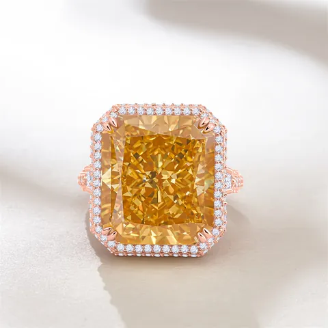 Luxury Emerald Cut Yellow High Carbon Diamond Ring 925 Sterling Silver Halo Cocktail Ring For Women Wedding Party Jewelry