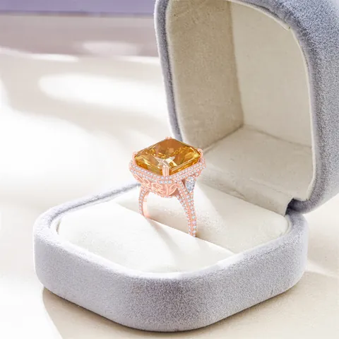 Luxury Emerald Cut Yellow High Carbon Diamond Ring 925 Sterling Silver Halo Cocktail Ring For Women Wedding Party Jewelry