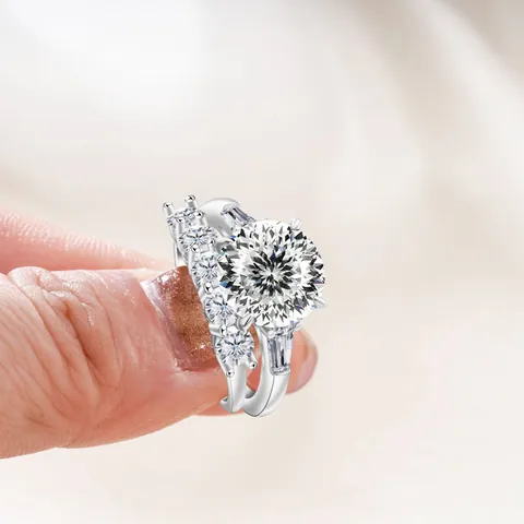 Lussuoso Set di Anelli in Argento Sterling S925 con Moissanite Pietra Principale Taglio Tondo Gioielli da Sposa con Certificato GRA per Donna