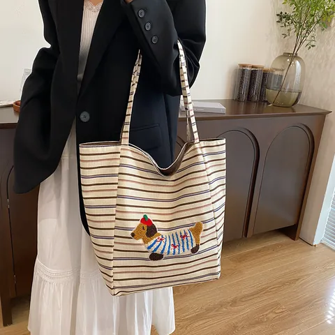 Große Kapazität Leinwand Tote Bag Für Damen Süße Dackel Stickerei Umkehrbar Kariert Gestreift Koreanischen Stil Student Umhängetasche
