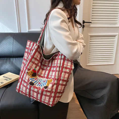 Große Kapazität Leinwand Tote Bag Für Damen Süße Dackel Stickerei Umkehrbar Kariert Gestreift Koreanischen Stil Student Umhängetasche