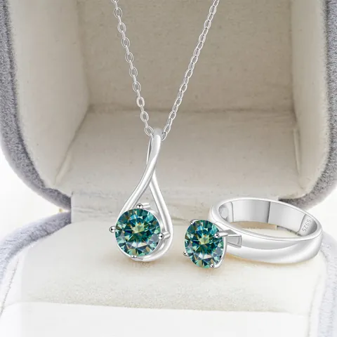 S925 Sterling Zilver Moissaniet Ketting En Ring Sieraden Rond D Kleur VVS1 Edelsteen Traan Voor Vrouwen Bruiloft