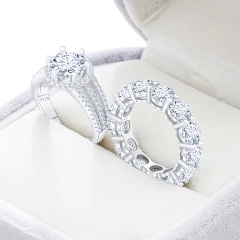 Round Cut Moissanite 925 Sterling Silver Rings For Women Wedding Engagement Luxury Statement Eternity Band Rings Jewelry