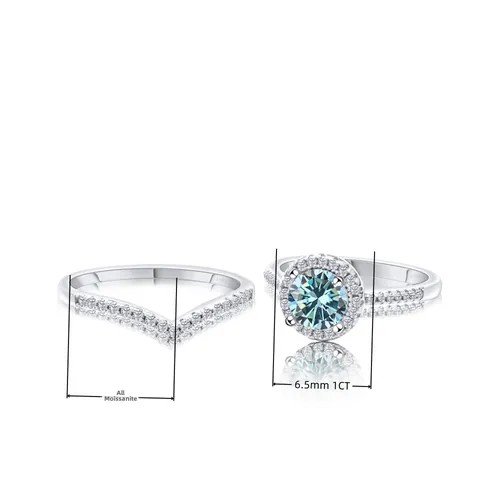 Luxury 925 Sterling Silver Moissanite Ring Set For Women Round Halo Band And V-Shaped Band Wedding Jewelry Gift