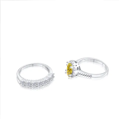 Set di Anelli in Argento Sterling 925 Moissanite di Lusso Per Donna Banda Halo Rotonda E Banda a Forma di V Gioielli da Matrimonio Regalo