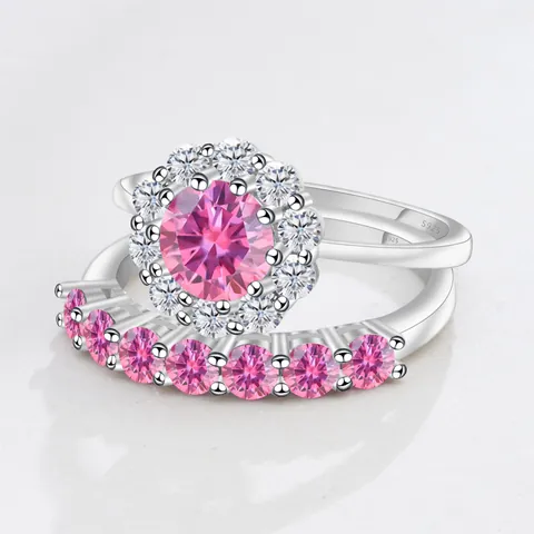 Luxury S925 Sterling Silver Moissanite Ring Set 1ct Round Halo Pink Blue Purple Gemstone 2pcs Engagement Wedding Jewelry