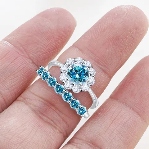 Luxury S925 Sterling Silver Moissanite Ring Set 1ct Round Halo Pink Blue Purple Gemstone 2pcs Engagement Wedding Jewelry
