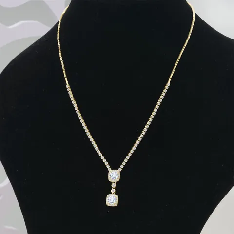 925 Sterling Silber Moissanit Anhänger Halskette Schmuckset Doppeltes Quadrat Halo Braut Hochzeit Halskette Für Damen Französisch Luxus Abendkleid Zubehör
