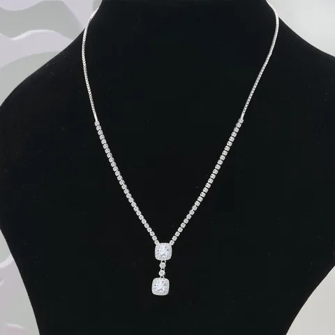925 Sterling Silber Moissanit Anhänger Halskette Schmuckset Doppeltes Quadrat Halo Braut Hochzeit Halskette Für Damen Französisch Luxus Abendkleid Zubehör