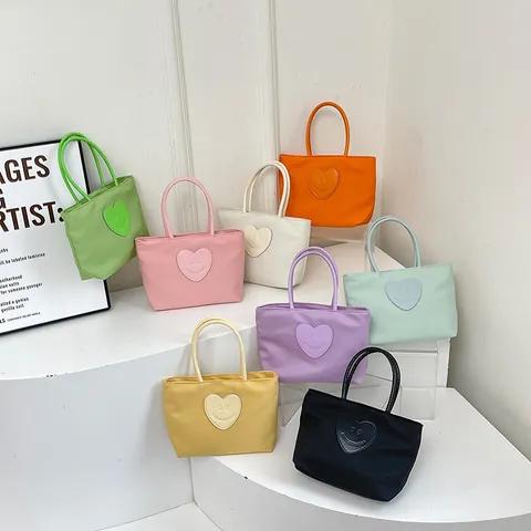 Women Mini Nylon Tote Bag Cute Heart Smile Patch Handbag Small Casual Lightweight Portable Shopping Bag Daily Use