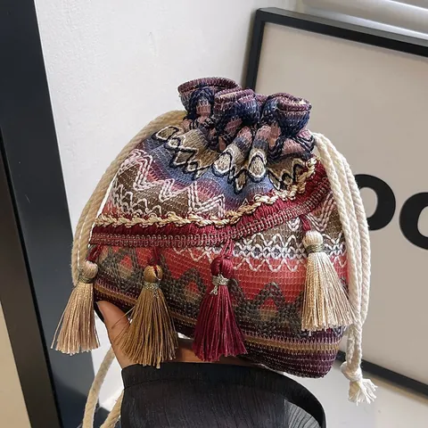 Damen Ethno Boho Gewebte Beuteltasche Mit Baumwollseil Kordelzug Umhängetasche Für Den Täglichen Urlaub Mode