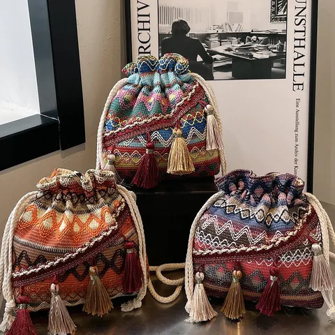 Damen Ethno Boho Gewebte Beuteltasche Mit Baumwollseil Kordelzug Umhängetasche Für Den Täglichen Urlaub Mode