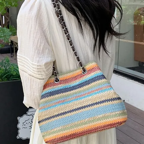 Borsa a Secchiello in Paglia a Righe da Donna Grande Capacità Estate Spiaggia Spalla Boho Borsa Vacanza Con Catena