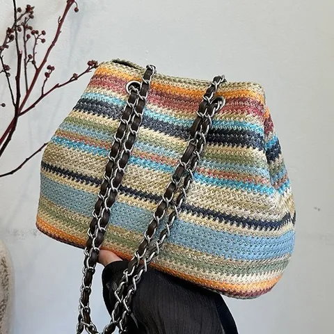 Borsa a Secchiello in Paglia a Righe da Donna Grande Capacità Estate Spiaggia Spalla Boho Borsa Vacanza Con Catena