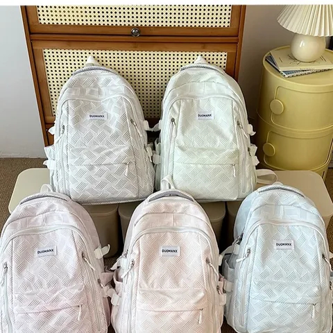 Women's Large Capacity Nylon Backpack Geometric Weave Texture Schoolbag For Teenage Girls Casual Travel Multi Pocket Bag