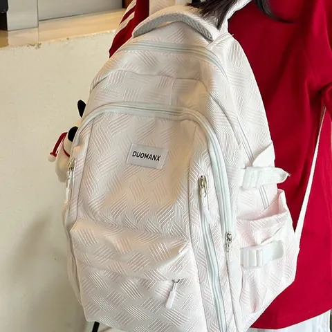 Women's Large Capacity Nylon Backpack Geometric Weave Texture Schoolbag For Teenage Girls Casual Travel Multi Pocket Bag